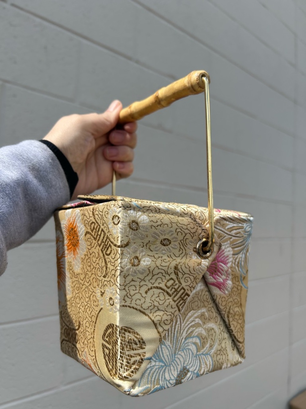Vintage Gold Floral Brocade Box Purse with Bamboo Handle